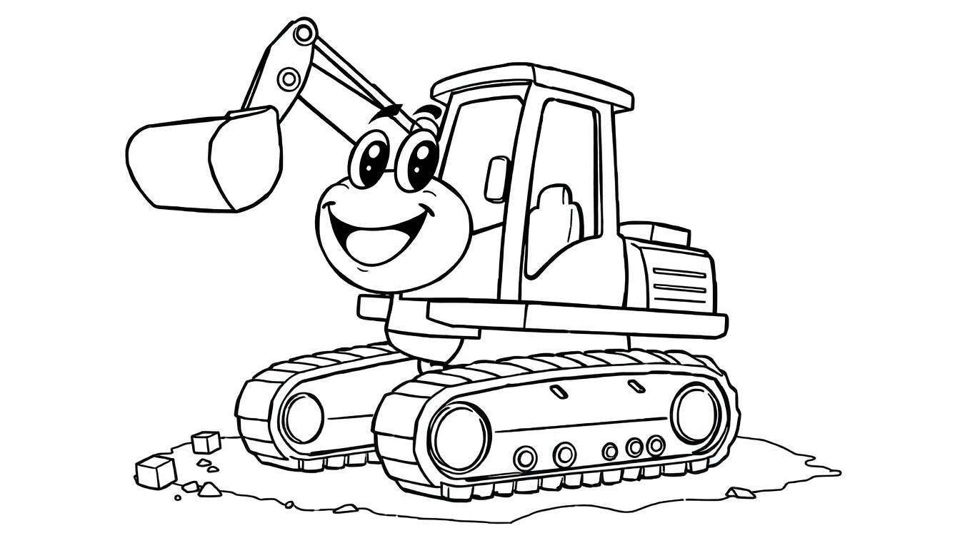 Una excavadora de dibujos animados amigable, lista para la construcción, en blanco y negro para colorear.