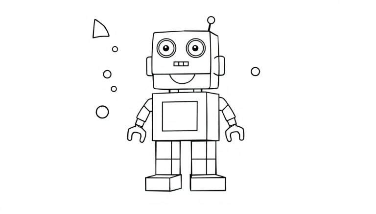 Robot amigable para colorear, hecho de formas geométricas, con una placa de color.