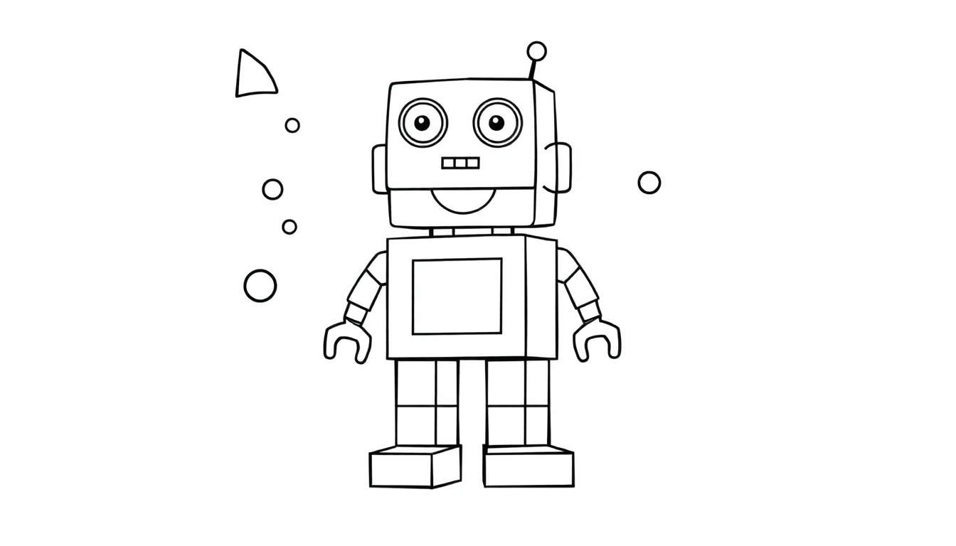 Robot amigable para colorear, hecho de formas geométricas, con una placa de color.