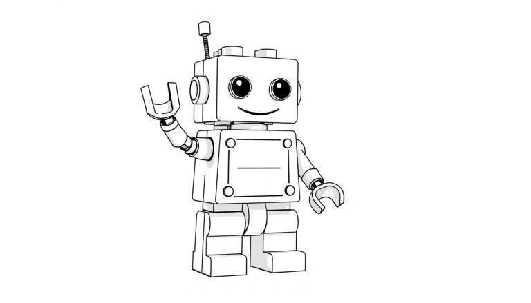 Robot de Lego para colorear, placa de color blanco y negro.