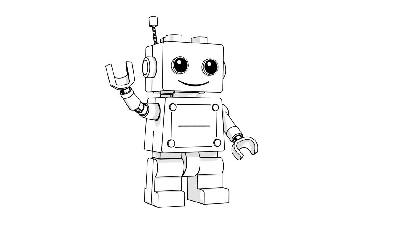 Robot de Lego para colorear, placa de color blanco y negro.