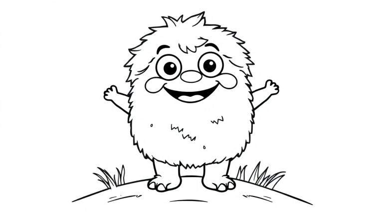 Un amigable monstruo peludo de colorear, listo para la placa de color.