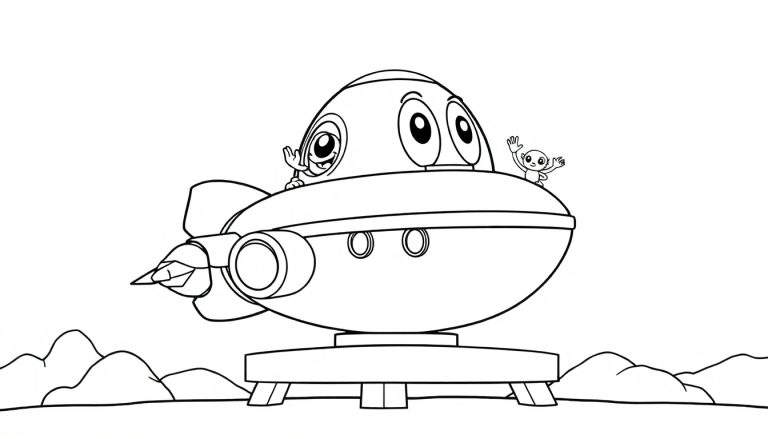 Una nave espacial redonda y amigable con ojos grandes, lista para despegar, con dos pequeños alienígenas saliendo de ella, sobre una plataforma en un terreno irregular. Placa de color.