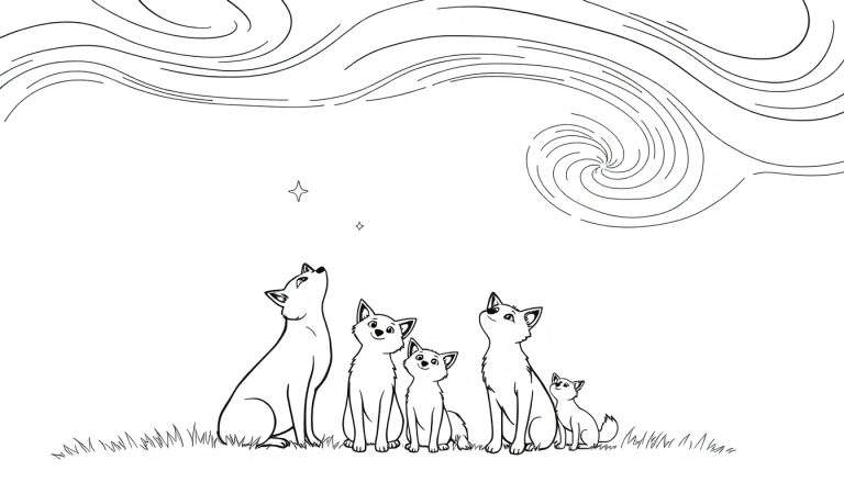 Ilustración en blanco y negro de cachorros de lobo mirando una aurora boreal mágica en el cielo estrellado.
