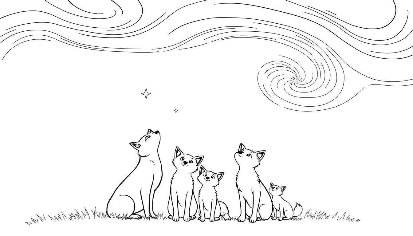 Ilustración en blanco y negro de cachorros de lobo mirando una aurora boreal mágica en el cielo estrellado.