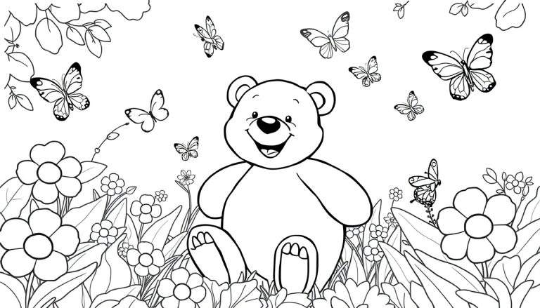 Un oso de peluche sonriente sentado en un jardín, listo para ser coloreado, con flores y mariposas alrededor. Placa de color.