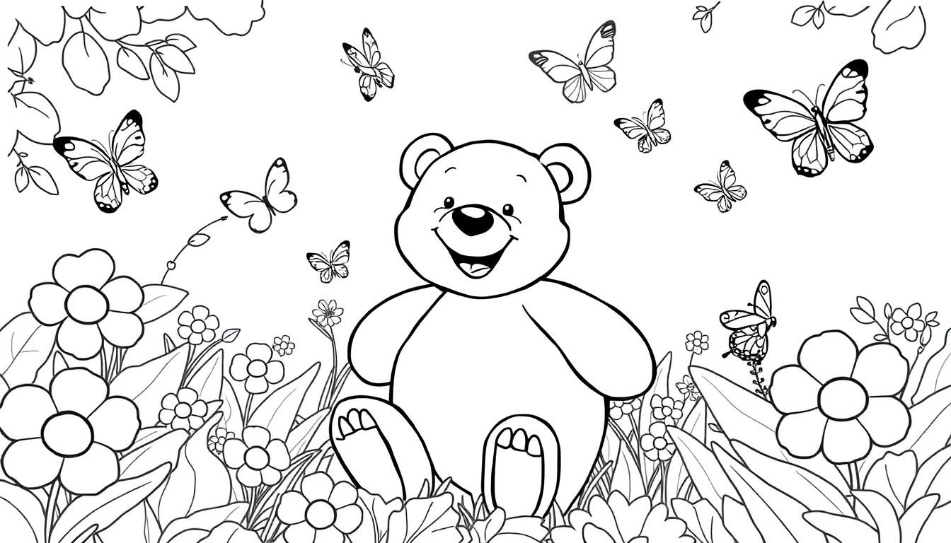 Un oso de peluche sonriente sentado en un jardín, listo para ser coloreado, con flores y mariposas alrededor. Placa de color.