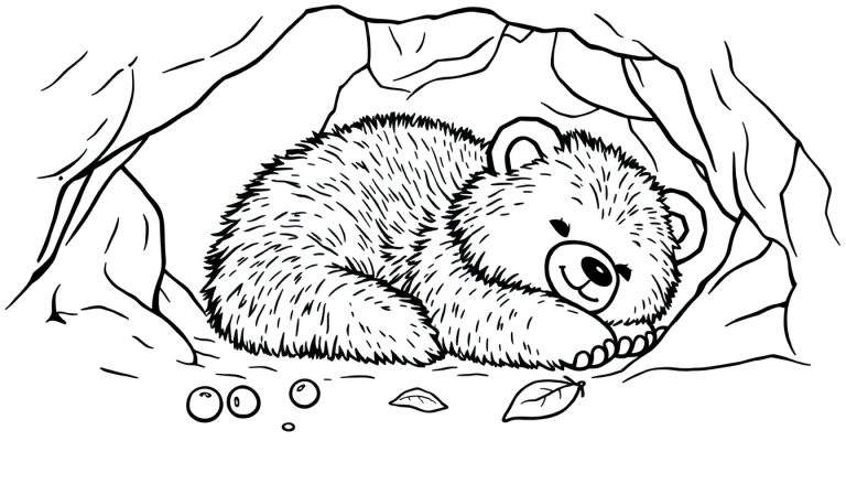 Oso durmiente en cueva para colorear, placa de color
