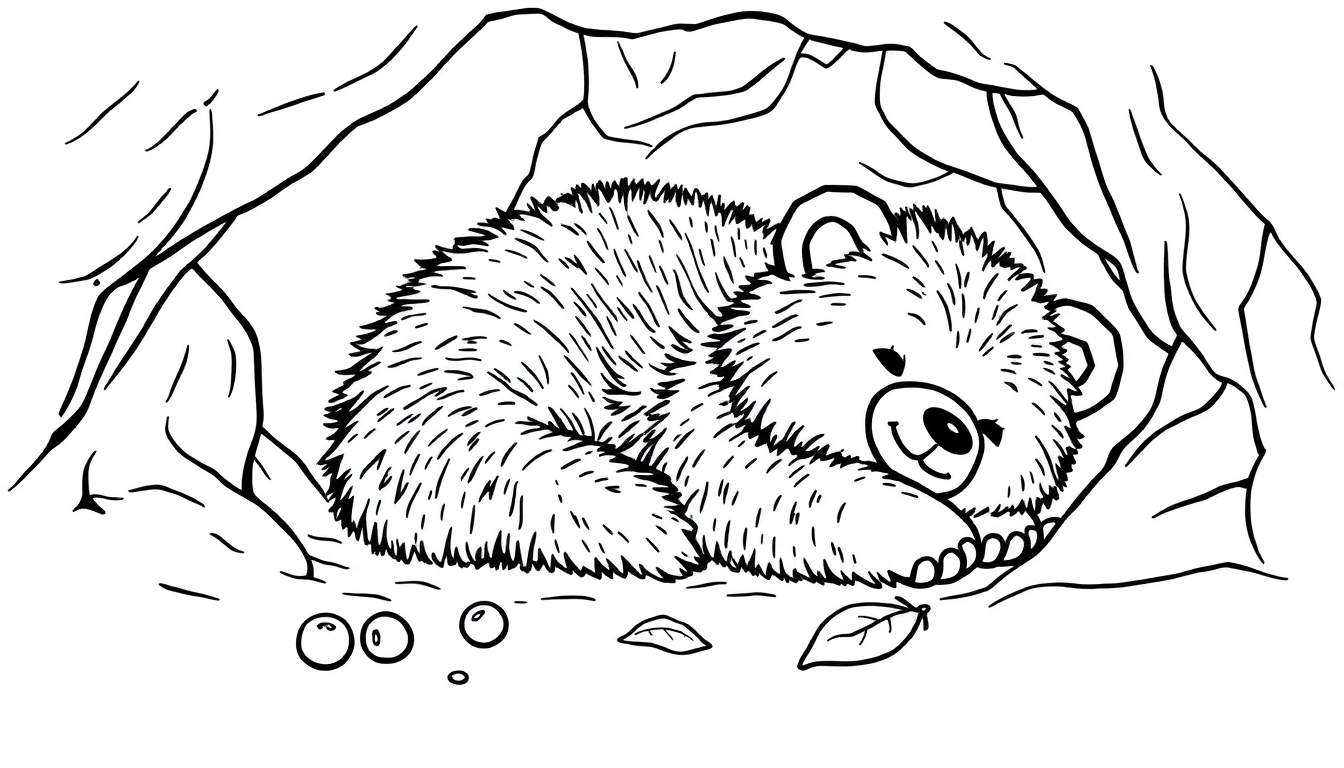 Oso durmiente en cueva para colorear, placa de color