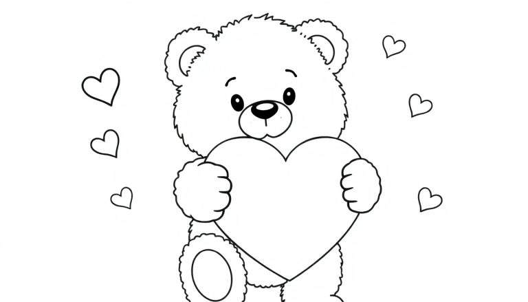Placa de color de un oso de peluche de dibujos animados en blanco y negro que sostiene un corazón grande, con corazones más pequeños flotando alrededor.