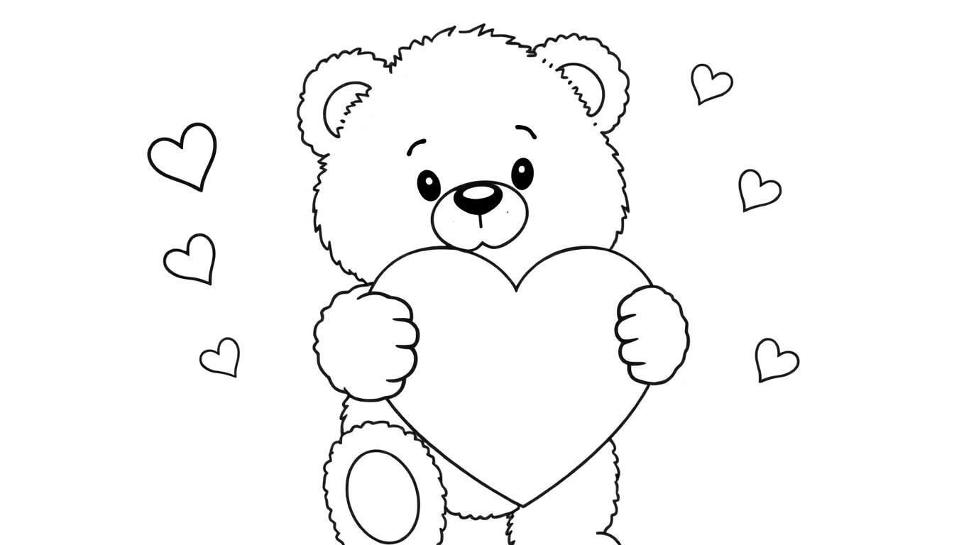 Placa de color de un oso de peluche de dibujos animados en blanco y negro que sostiene un corazón grande, con corazones más pequeños flotando alrededor.