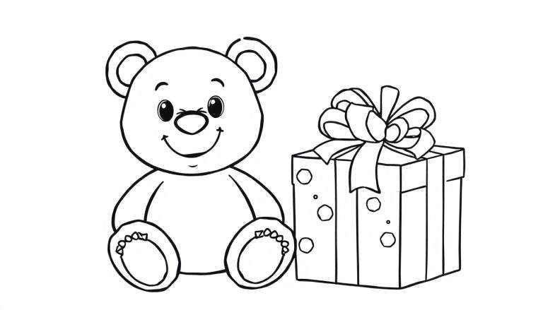 Placa de color de un oso de peluche sonriente sentado junto a una caja de regalo con lunares y un lazo.