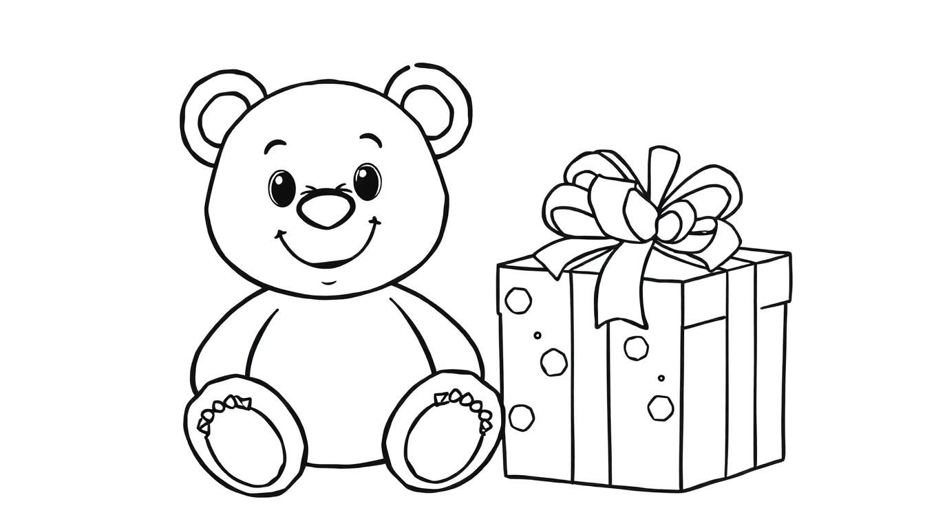 Placa de color de un oso de peluche sonriente sentado junto a una caja de regalo con lunares y un lazo.