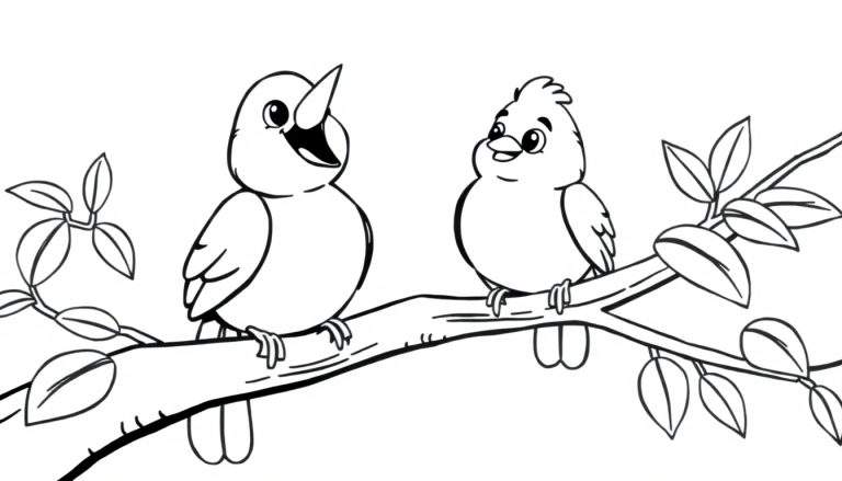 Dos pajaritos de dibujos animados cantando en una rama, página para colorear, placa de color.
