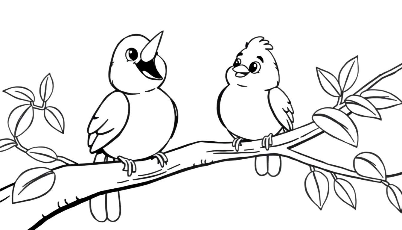 Dos pajaritos de dibujos animados cantando en una rama, página para colorear, placa de color.