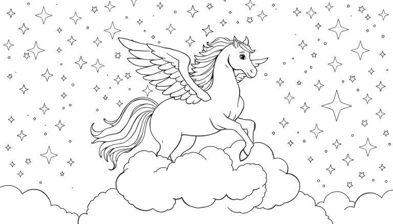 Un caballo blanco alado con cuerno, como un unicornio, saltando sobre nubes esponjosas con estrellas en el fondo, para colorear. Placa de color.