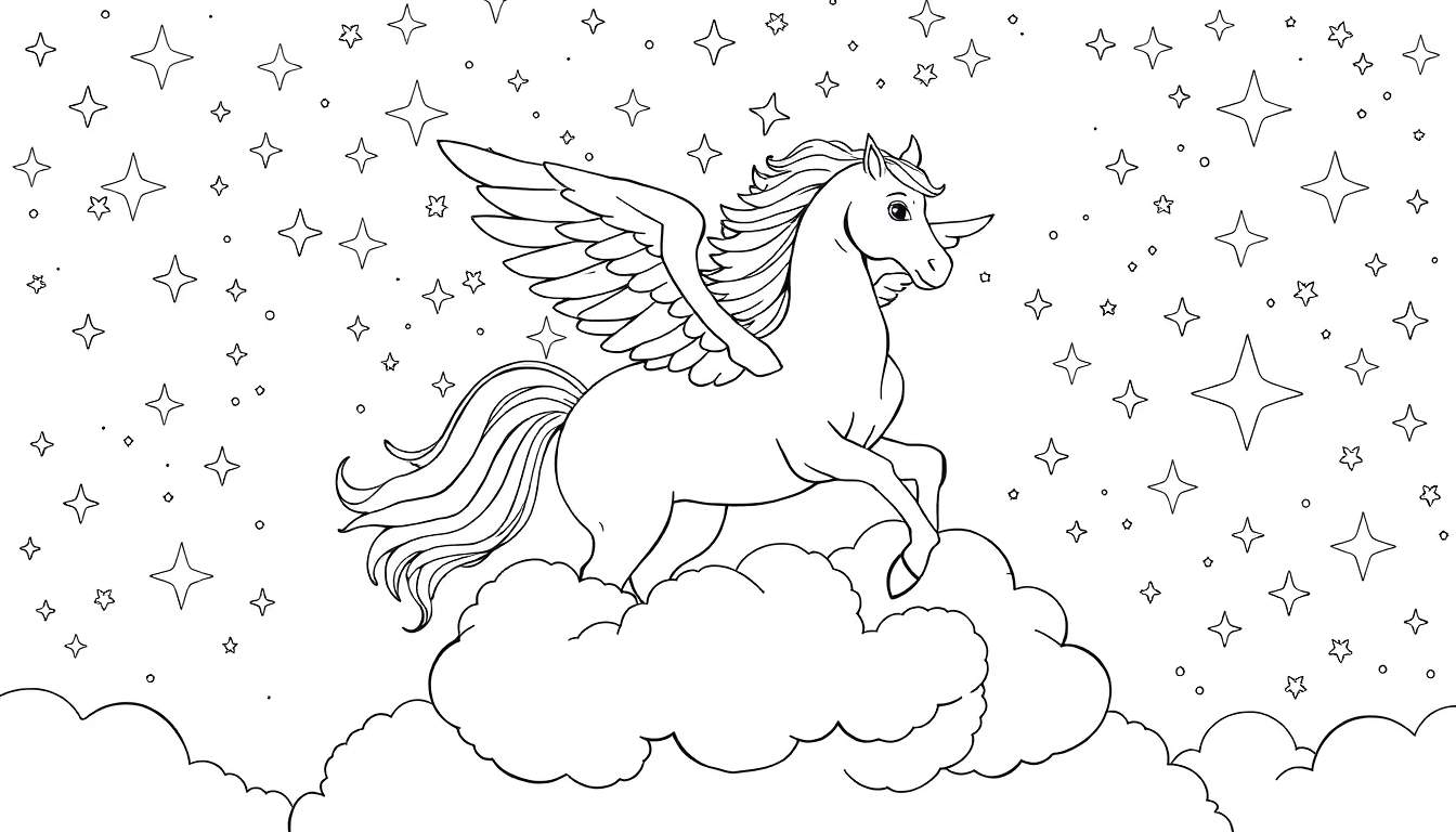 Un caballo blanco alado con cuerno, como un unicornio, saltando sobre nubes esponjosas con estrellas en el fondo, para colorear. Placa de color.