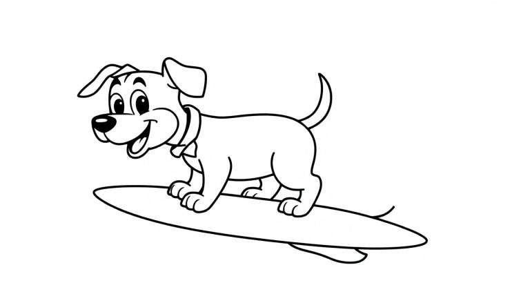 Un dibujo en blanco y negro de un perro surfista feliz con pajarita sobre una tabla de surf, listo para una placa de color.