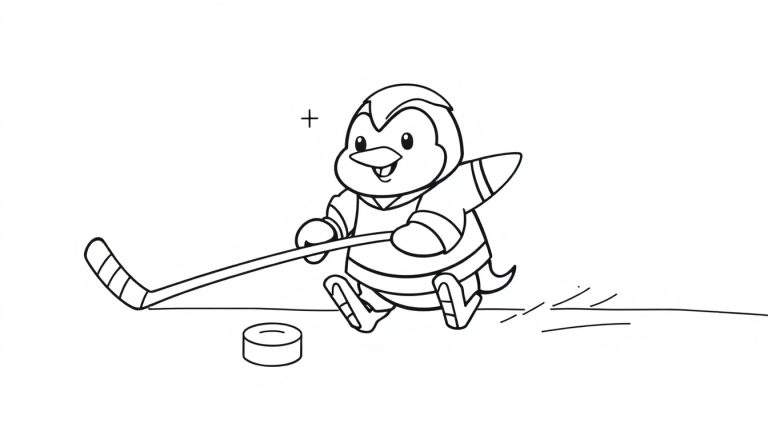 Un dibujo de un pingüino listo para colorear con un palo de hockey y un disco, sobre una placa de color.