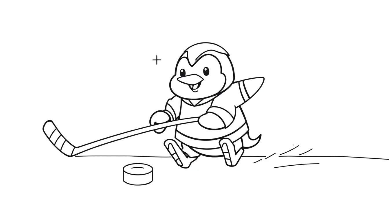 Un dibujo de un pingüino listo para colorear con un palo de hockey y un disco, sobre una placa de color.