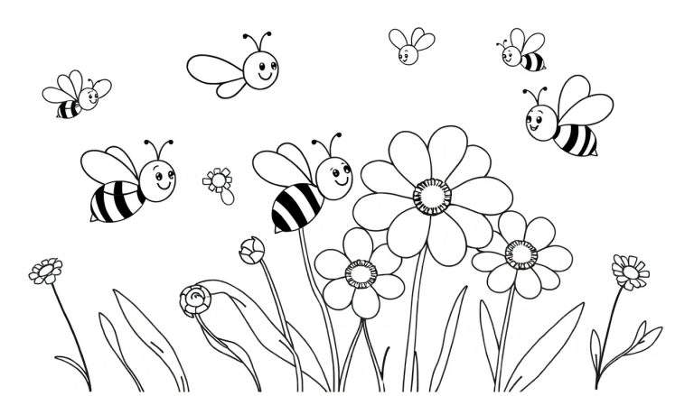 Placa de color para colorear con abejas y flores.