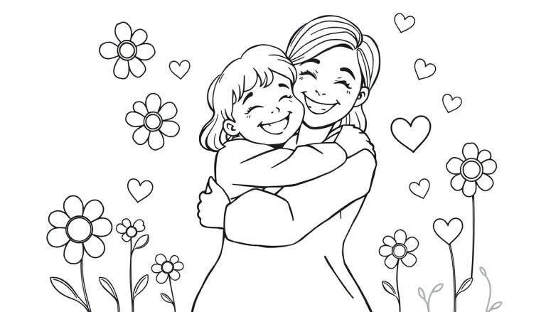 Placa de color para colorear del Día de la Madre de una madre e hija abrazándose, rodeadas de flores y corazones.