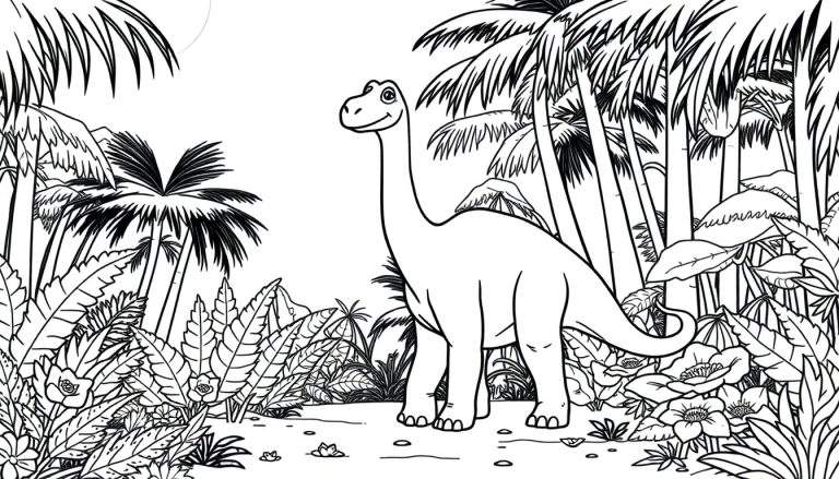 Placa de color de un Braquiosaurio amigable en una jungla.
