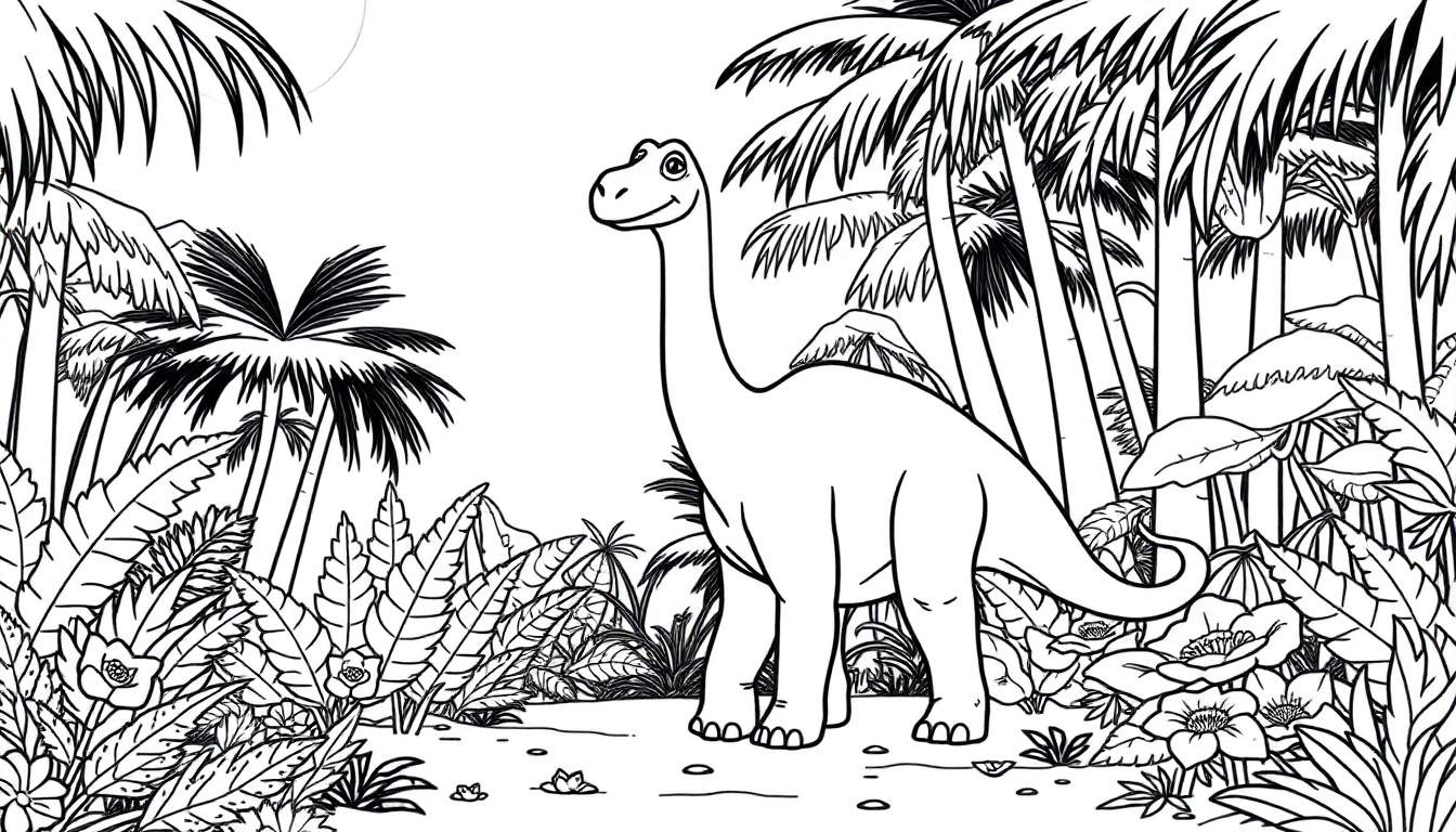 Placa de color de un Braquiosaurio amigable en una jungla.