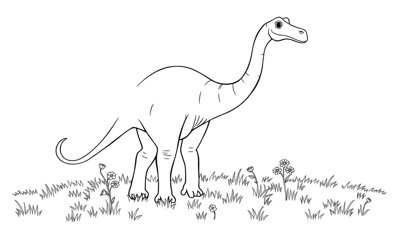 Placa de color de un dibujo lineal de un diplodocus amigable en un campo de hierba y flores.