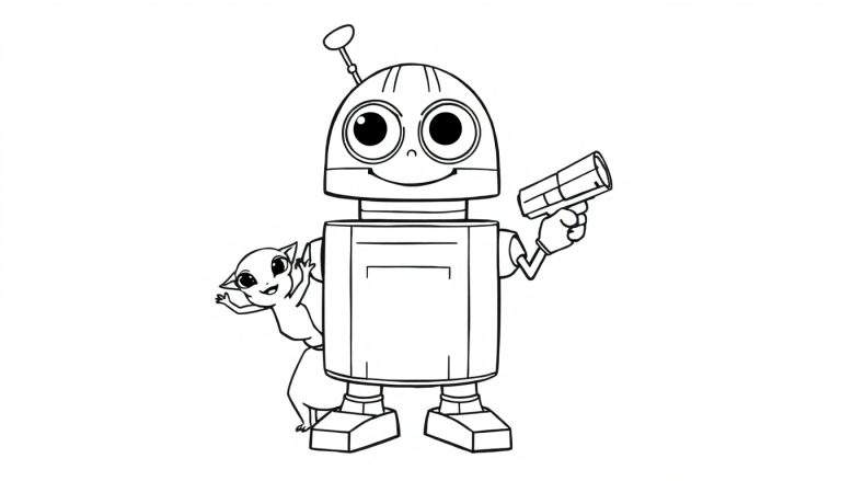 Un droide amigable de Star Wars con un pequeño animal, listo para colorear. Una placa de color para niños.