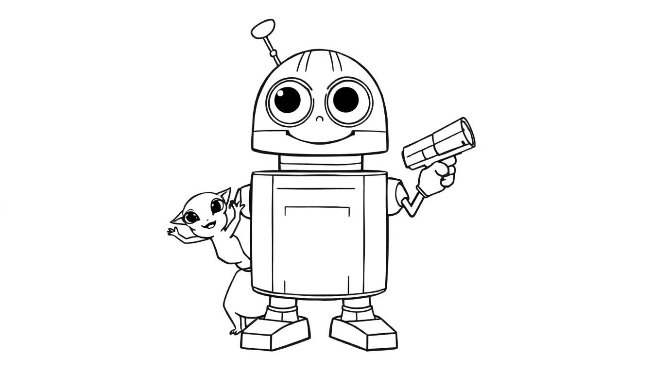 Un droide amigable de Star Wars con un pequeño animal, listo para colorear. Una placa de color para niños.