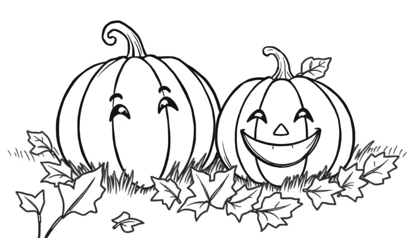 Placa de color de calabazas sonrientes y somnolientas con hojas de otoño.