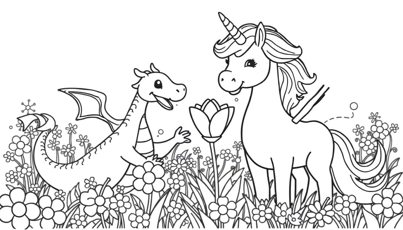 Placa de color: Un dragón amigable y un unicornio sonriendo entre flores mágicas.