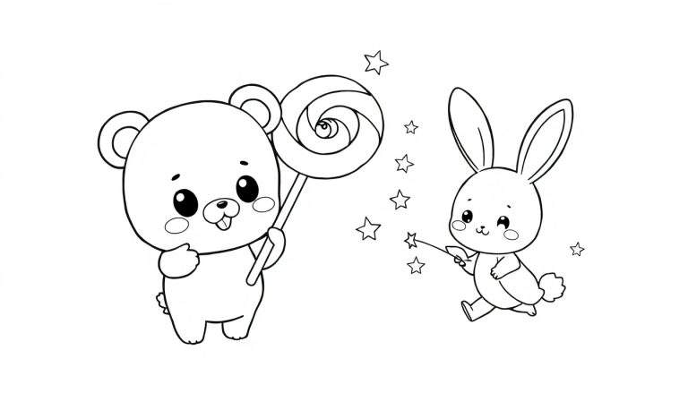 Página para colorear de un oso de peluche chibi sosteniendo una paleta y un conejo de peluche con una varita mágica, listo para añadir color.