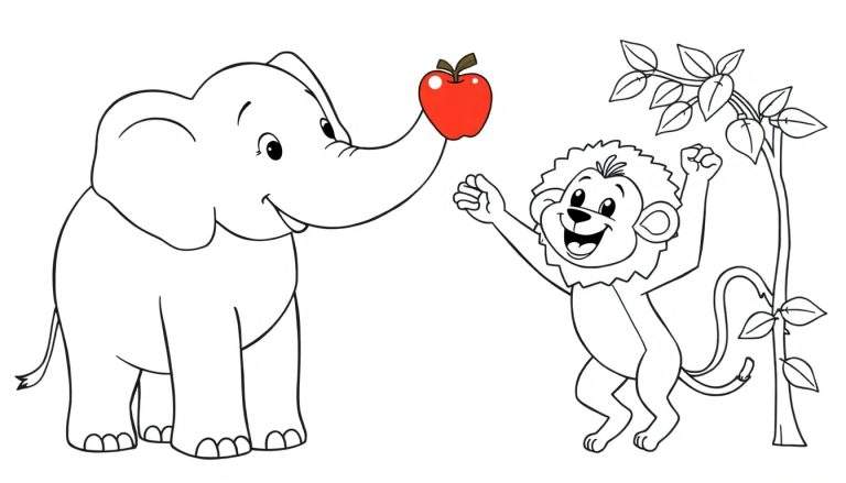 Placa de color para colorear: elefante sonriente sosteniendo una manzana roja con su trompa junto a un león y un árbol.