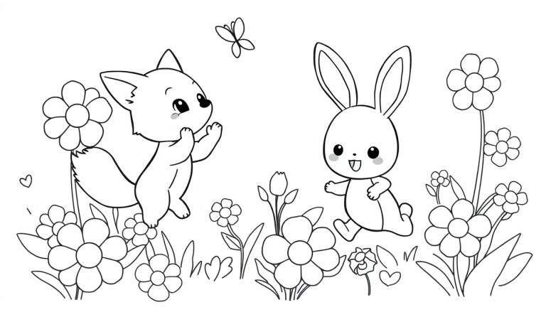 Dibujo de un zorro y un conejo saludándose en un campo de flores para colorear en una placa de color.