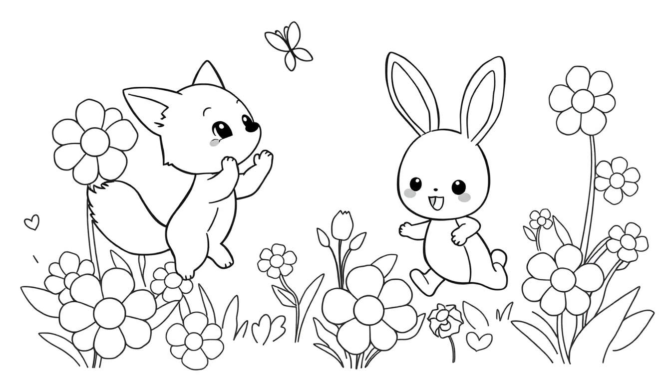 Dibujo de un zorro y un conejo saludándose en un campo de flores para colorear en una placa de color.