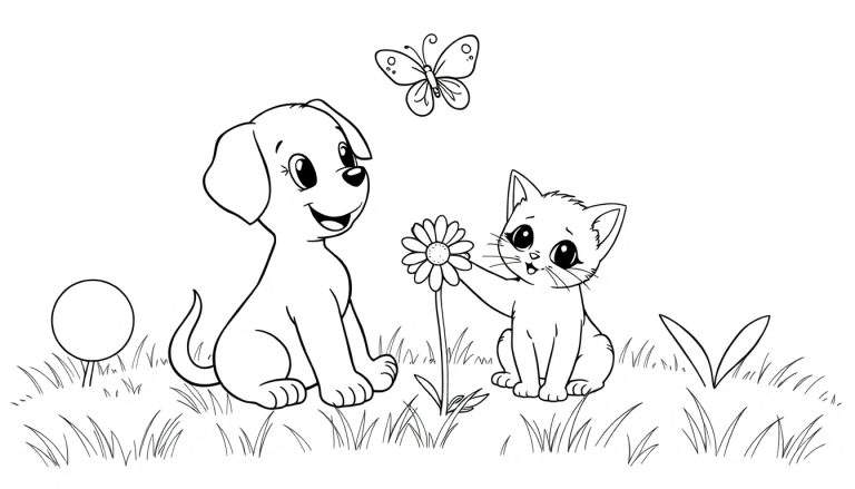 Placa de color de un cachorro y un gatito en un jardín.