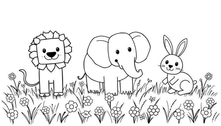 Placa de color con un león, un elefante y un conejo de dibujos animados amigables en un campo floral.