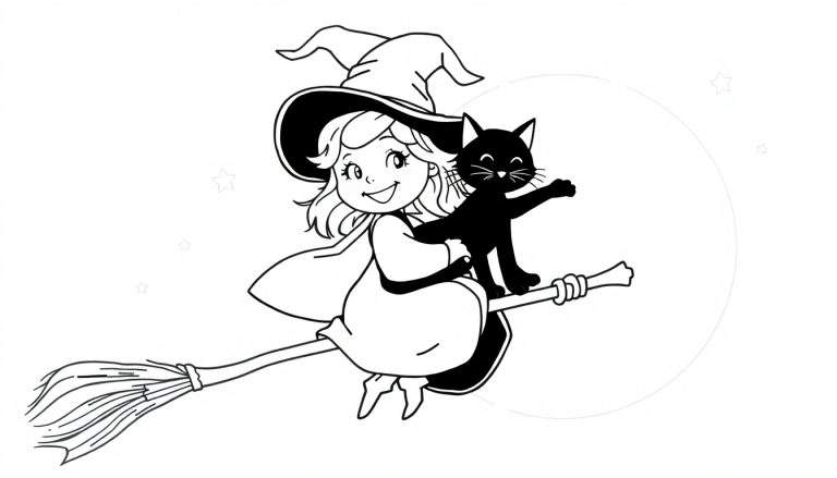 Placa de color: una bruja amigable y su gato negro volando en escoba bajo la luna.