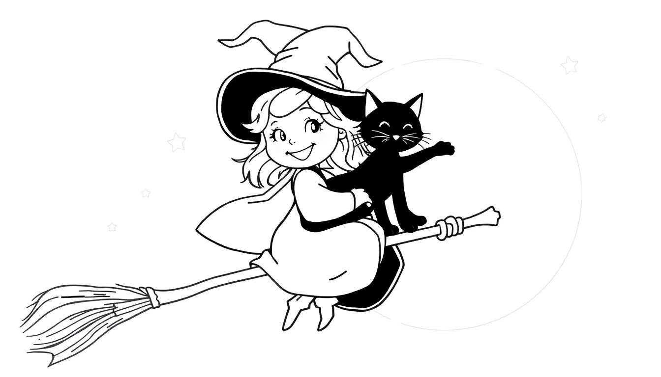 Placa de color: una bruja amigable y su gato negro volando en escoba bajo la luna.