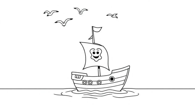 Placa de color: un velero pirata de dibujos animados con una bandera de calavera sonriente y gaviotas volando.