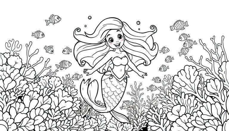 Placa de color: una sirena sonriente nadando con peces entre corales.