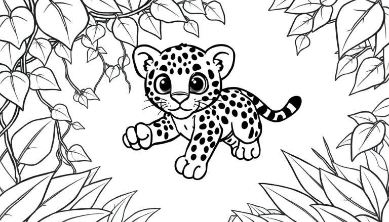 Placa de color de un lindo cachorro de leopardo jugando en la selva.