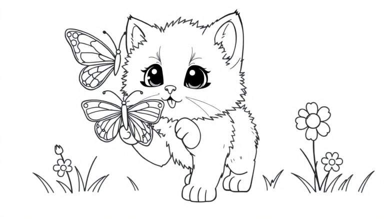 Placa de color: Gatito juguetón persiguiendo mariposas entre flores.