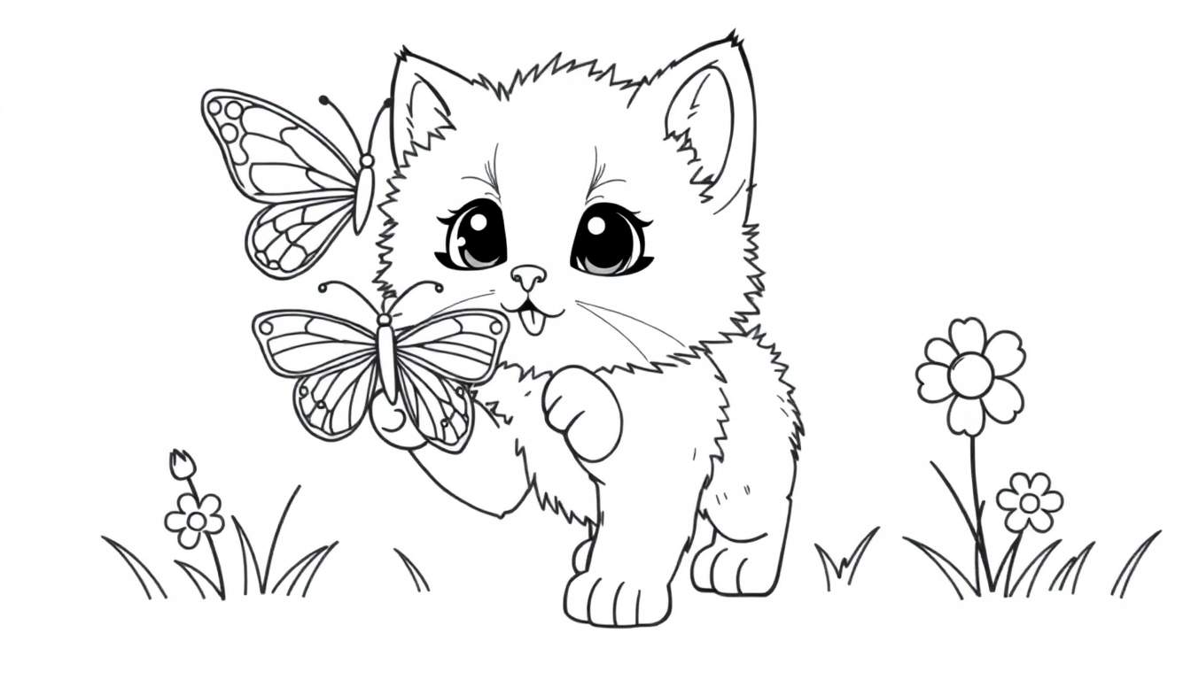 Placa de color: Gatito juguetón persiguiendo mariposas entre flores.
