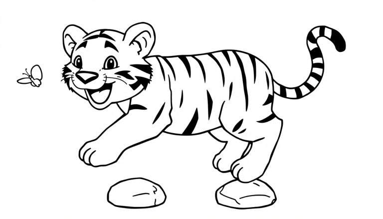 Ilustración en blanco y negro de un cachorro de tigre de dibujos animados, listo para la aventura, con una mariposa volando cerca. Placa de color.