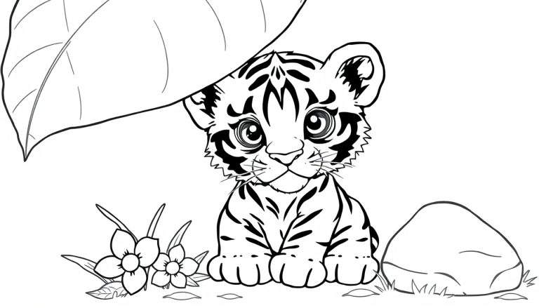 Un dibujo lineal en blanco y negro de un adorable cachorro de tigre sentado debajo de una gran hoja, listo para ser coloreado, con flores y una roca cerca. Es una placa de color.