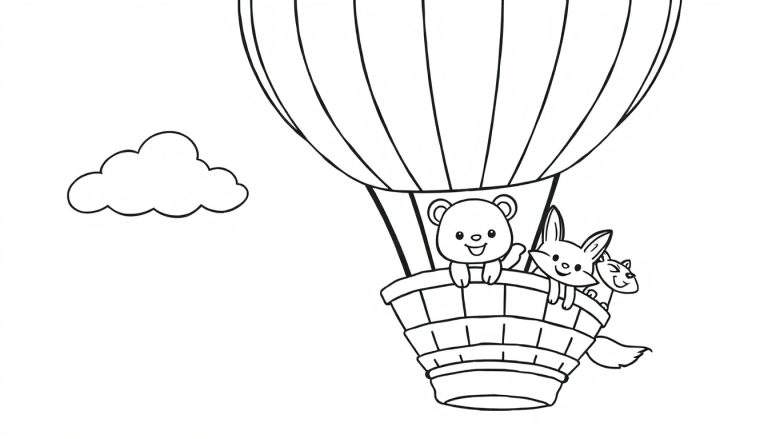Página para colorear: un oso, un zorro y un mapache en un globo aerostático.