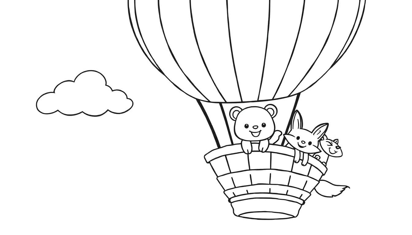 Página para colorear: un oso, un zorro y un mapache en un globo aerostático.